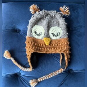 Hand Knitted Alpaca Blend Owl Winter Hat Ear Flaps Fleece Lined Unisex